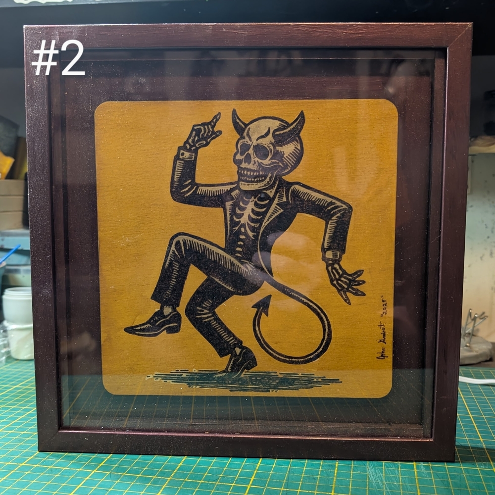 Framed Devil Skeleton Art Woodburnt And Stain